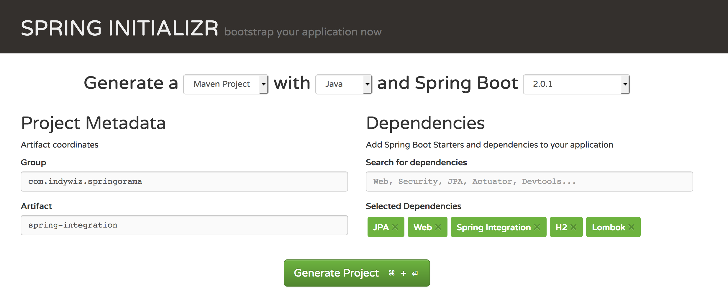 spring initializr project dependencies for spring integration